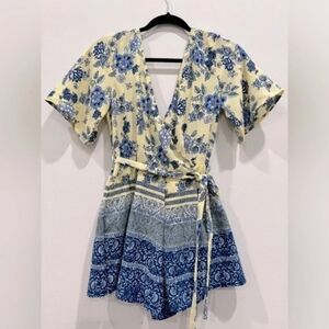 Miami by Francesca’s Blue & Yellow Floral Wrap Romper – Size Large